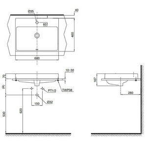 Раковина накладная (полувстраиваемая) на столешницу, прямоугольная 600х460хh167(70)мм, с 1 отв.д/смесит., с переливом, CeFiONtect,  ZZ Toto MH L1616C