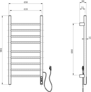 Полотенцесушитель 450xh904мм, электрический 120Вт, (цв.брашированный никель),  ZZ Wonzon & Woghand Bonn WW-AL409-BR