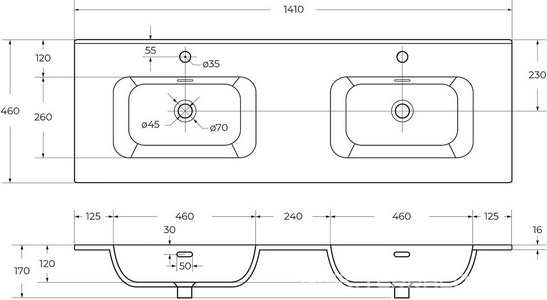 Раковина 1410x460x170мм, 2 отв.д/смесит., с переливом, (керамика, цв.белый), Cezares ZZ Cezares Универсал CZR-8095-140-2