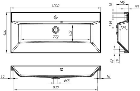 Раковина 1000х450х150мм, с переливом, (искуственный мрамор, цв.белый), BelBagno ZZ BelBagno Универсал BB1000/450-LV-MR-AST