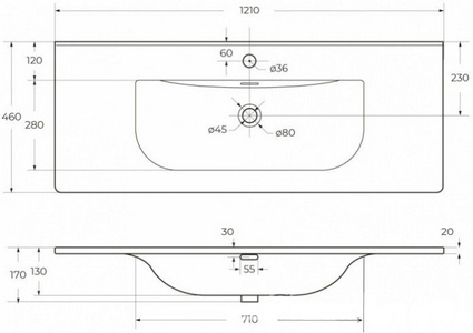 Раковина 1210x460x170мм, с 1 отв.д/смесит., с переливом, (керамика, цв.белый), BelBagno ZZ BelBagno Универсал BB-8099-120