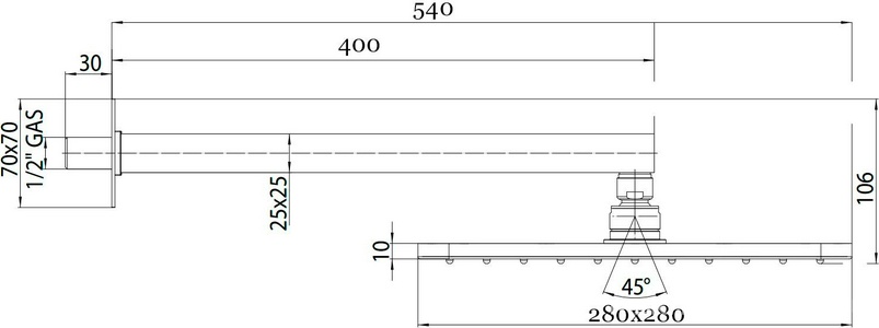 Душ верхний, стационарный, лейка 280х280мм, настенный монтаж, (кронштейн 400мм, розетка в компл.), (цв. черный матовый),  ZZ Bossini Cosmo H69598I.073