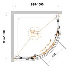 Душевой уголок1000x1000 (985-1000)x(985-1000)х1900мм, 1/4 круга R550,сдвиж. дверцы с 2 неподв. сегментами, (стекло прозр. 6мм, фурн.цв.хром), Eco ZZ